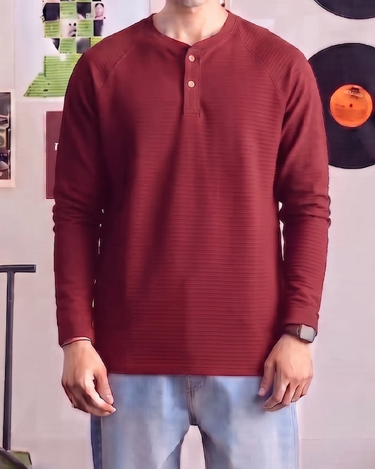 Mutual Wave Branded Men’s Textured Henley Neck Long Sleeve T-Shirt – Maroon MFT-04
