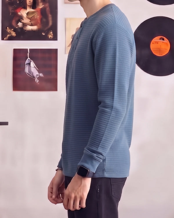Mutual Wave Branded Men’s Textured Henley Neck Long Sleeve T-Shirt – Deep Ocean Blue MFT-03