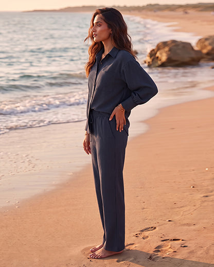 Spark Women’s Premium Linen-Blend Button Down Co-Ord Set – Navy Blue WCS-14