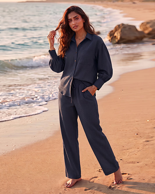 Spark Women’s Premium Linen-Blend Button Down Co-Ord Set – Navy Blue WCS-14
