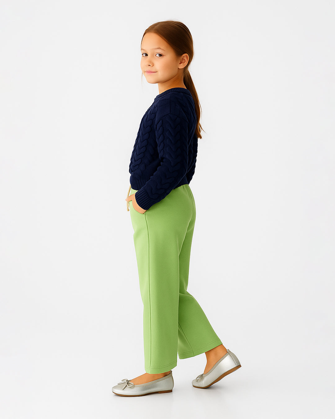 Winters Girls’ Soft Ribbed Cotton Wide-Leg Drawstring Trousers – Mint Green GT-08