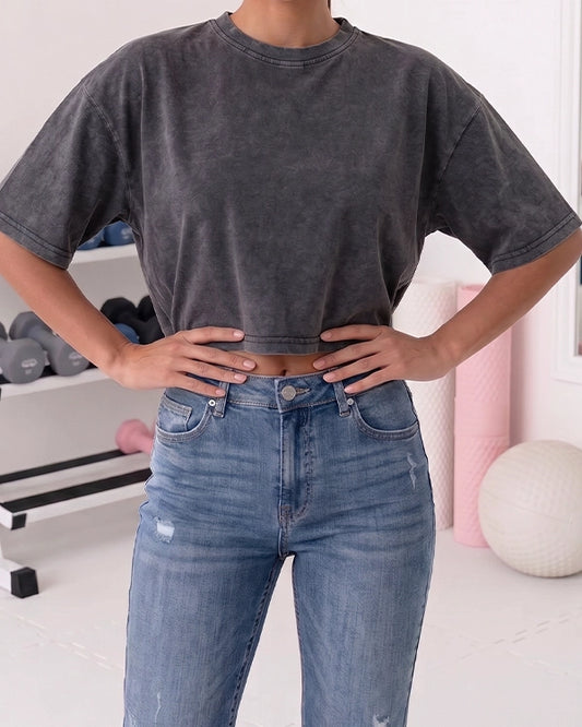 Booh Branded Women Drop Shoulder Crop T-Shirt - Charcoal WTT-17