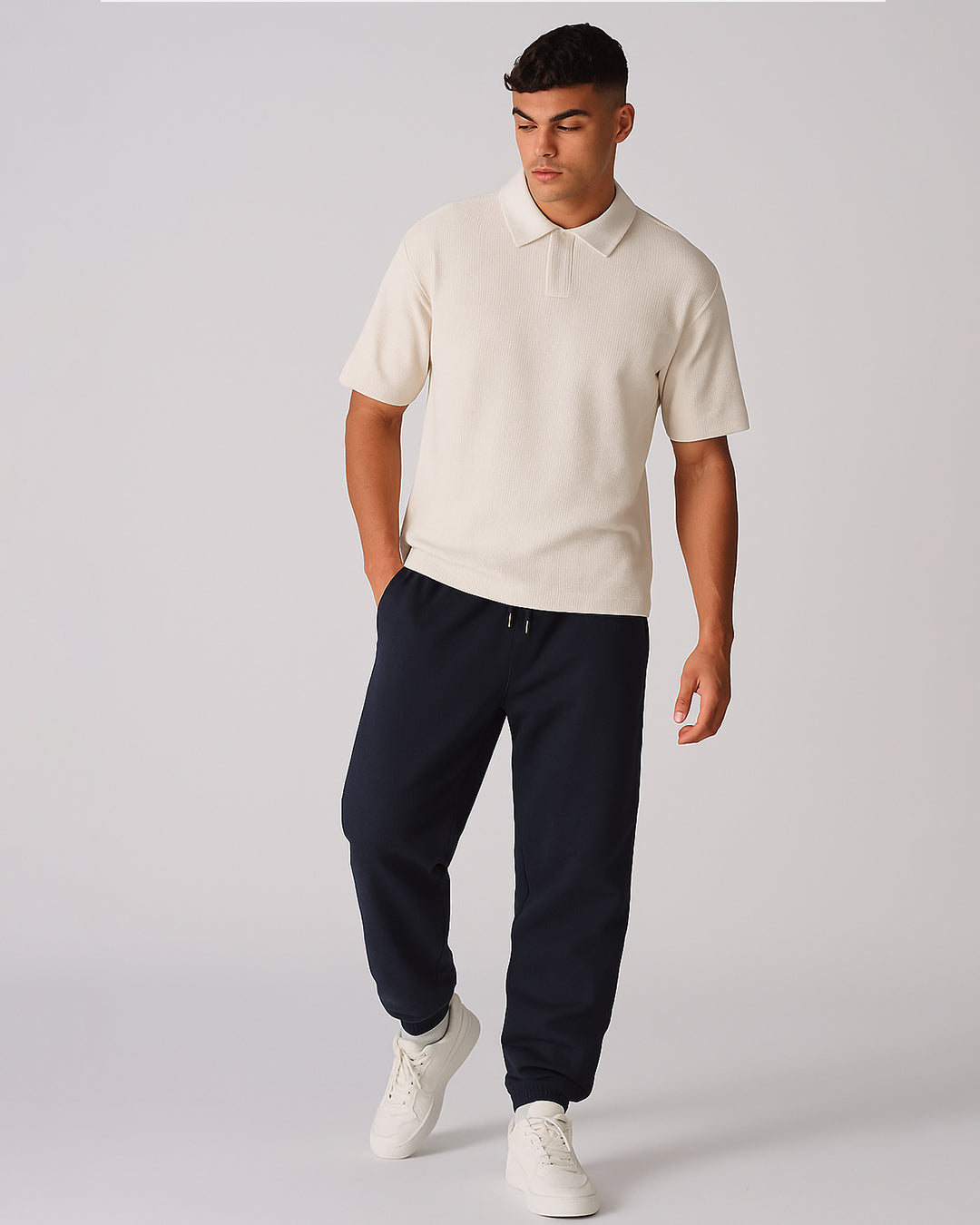 Branded Winter Men's Cream Textured Knit Polo Shirt MPT-70