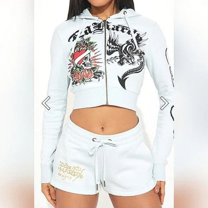 ED HRDY Branded Women's Crop Zipper Hoodie Light Blue Color HRDH-19