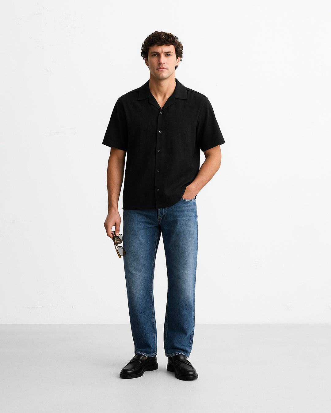 Zelig Branded Men’s Classic Black Cuban Collar Shirt MCS-19