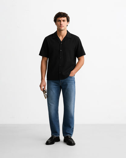 Zelig Branded Men’s Classic Black Cuban Collar Shirt MCS-19