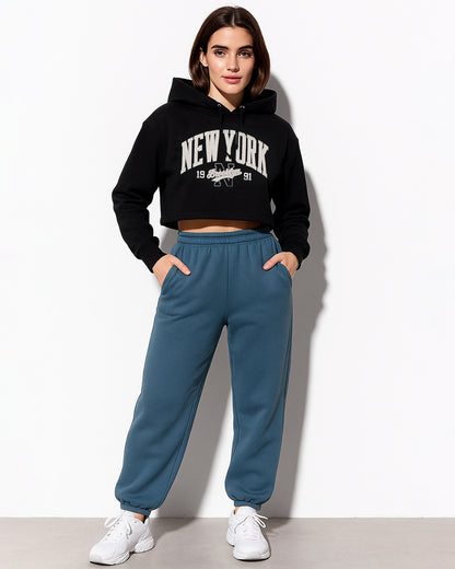 Teranovy Branded Women’s Cropped Fleece Hoodie – New York Black WHD-05