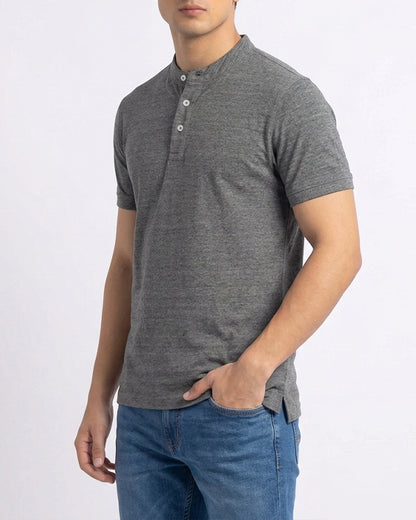 ZARRAA Branded Men’s Mandarin Collar Henley T-Shirt – Grey MPT-68
