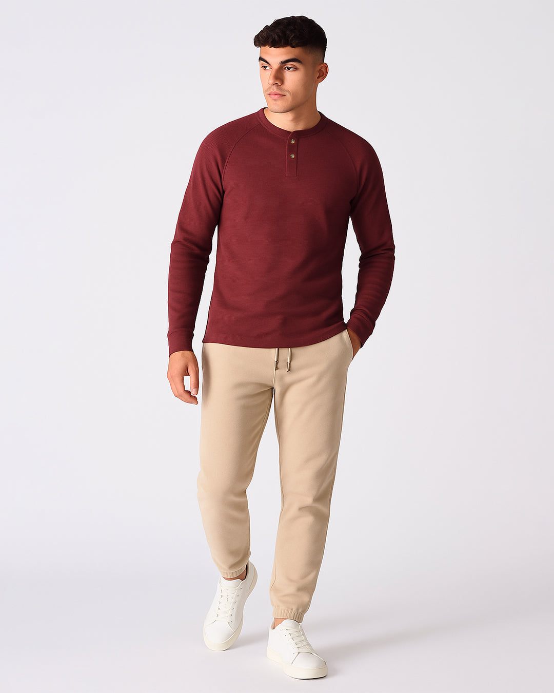 Mutual Wave Branded Men’s Textured Henley Neck Long Sleeve T-Shirt – Maroon MFT-04