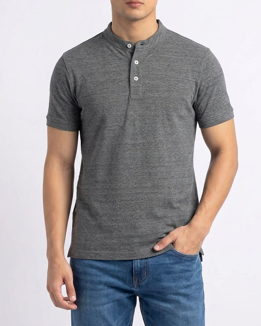 ZARRAA Branded Men’s Mandarin Collar Henley T-Shirt – Grey MPT-68