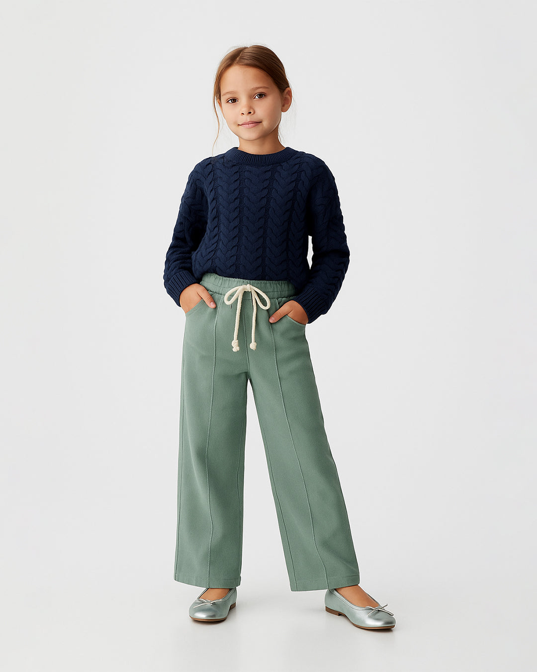Winters Girls’ Soft Cotton Wide-Leg Drawstring Trousers – Sage Green GT-03