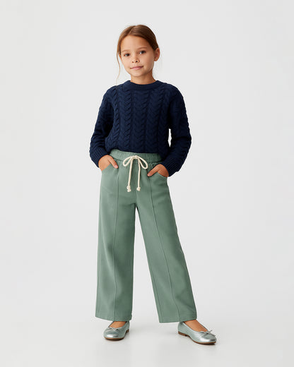 Winters Girls’ Soft Cotton Wide-Leg Drawstring Trousers – Sage Green GT-03