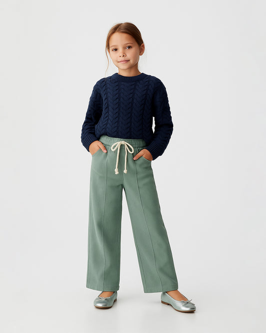 Winters Girls’ Soft Cotton Wide-Leg Drawstring Trousers – Sage Green GT-03