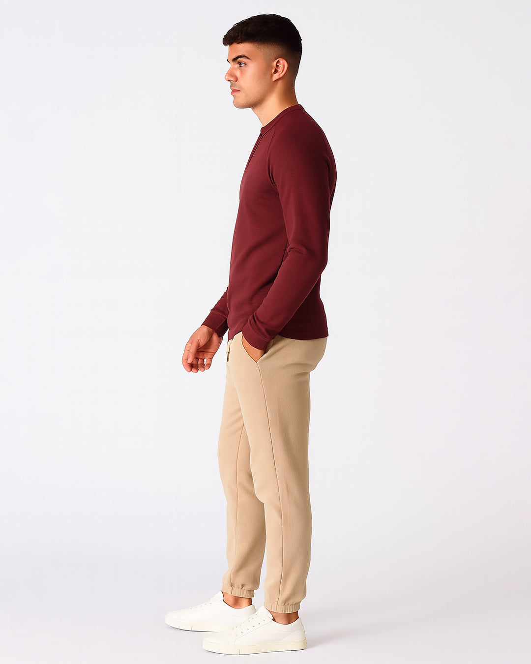 Mutual Wave Branded Men’s Textured Henley Neck Long Sleeve T-Shirt – Maroon MFT-04