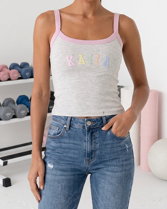 Branded Pastel Embroidered Tank Top – Grey WTT-02
