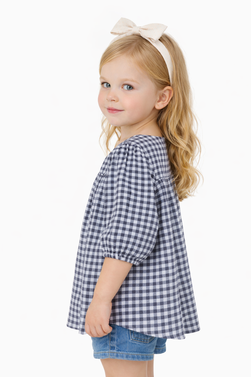 SPARK Branded Kids Gingham Puff-Sleeve Fusion Top GF-14