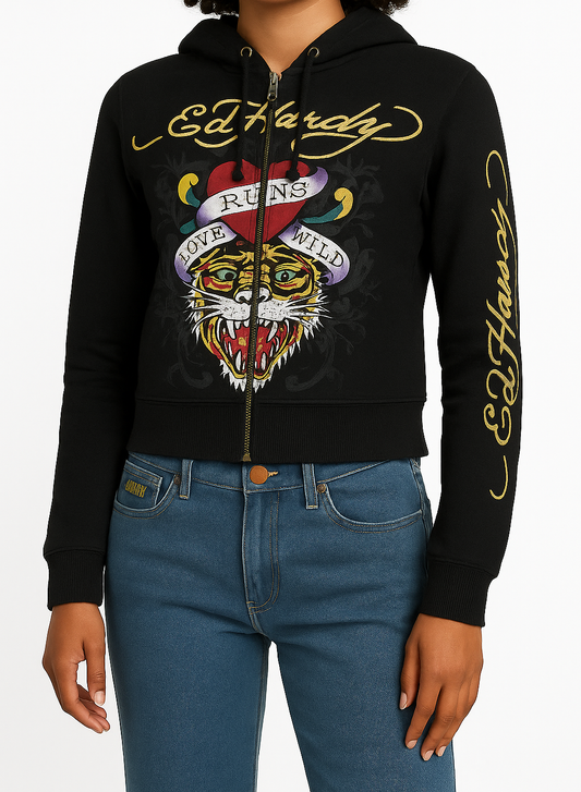 ED HRDY Branded Women's Crop Zipper Hoodie Black Color HRDH-22