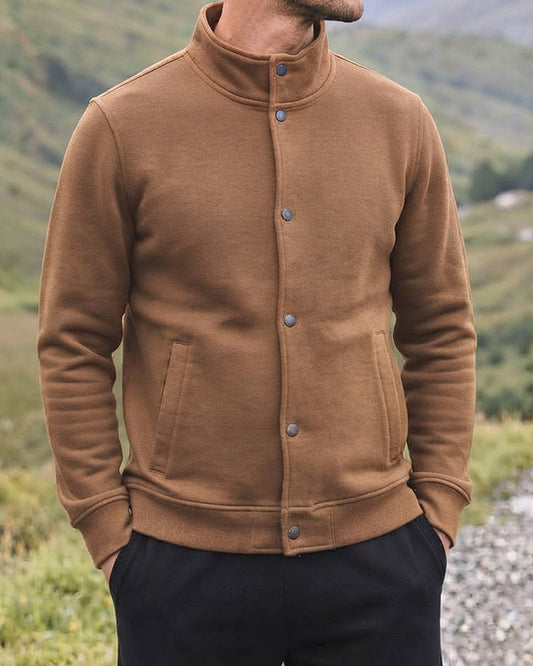 Kennath Col Branded Men's Minimalist Stand-Collar Snap-Button Fleece Jacket - Brown Sp-43