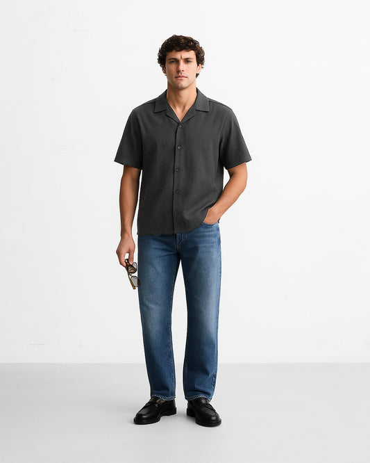 Zelig Branded Men’s Charcoal Grey Cuban Collar Linen Shirt MCS-21