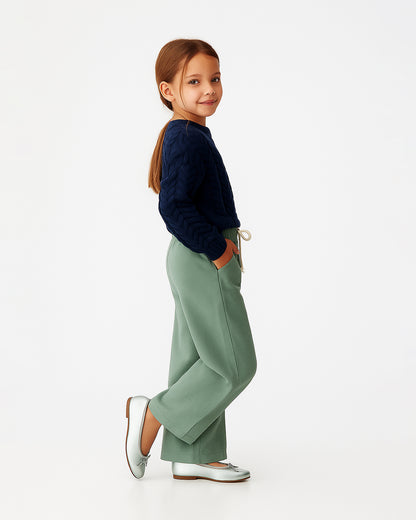 Winters Girls’ Soft Cotton Wide-Leg Drawstring Trousers – Sage Green GT-03