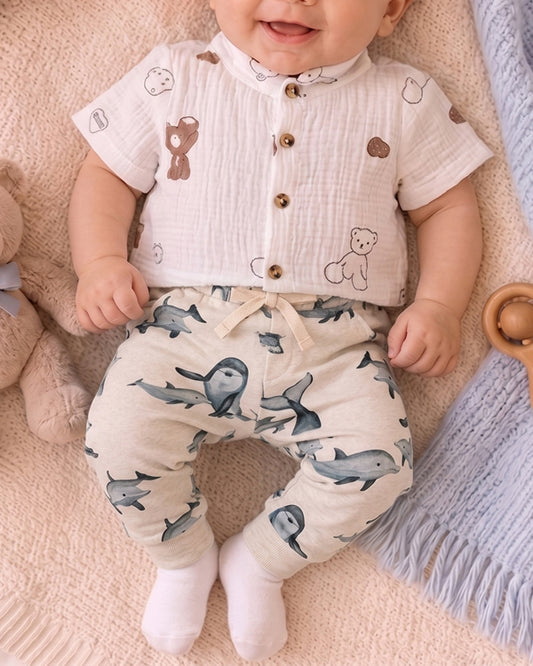 Branded Kids Trouser Beige color Dolphin printed stripes KUT-03