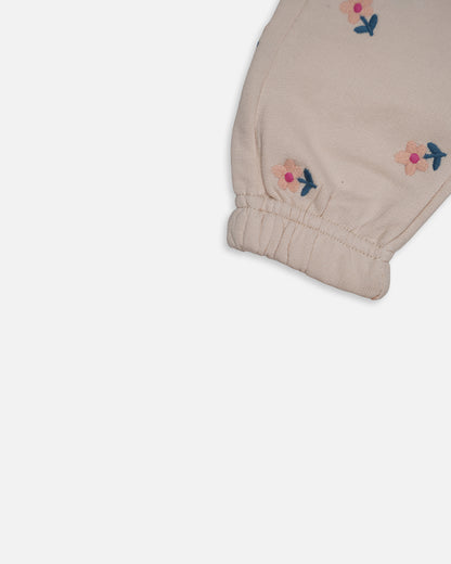 ZARRAA Branded Girl's Soft Cotton Floral Embroidered Jogger Trousers – Beige GT-02
