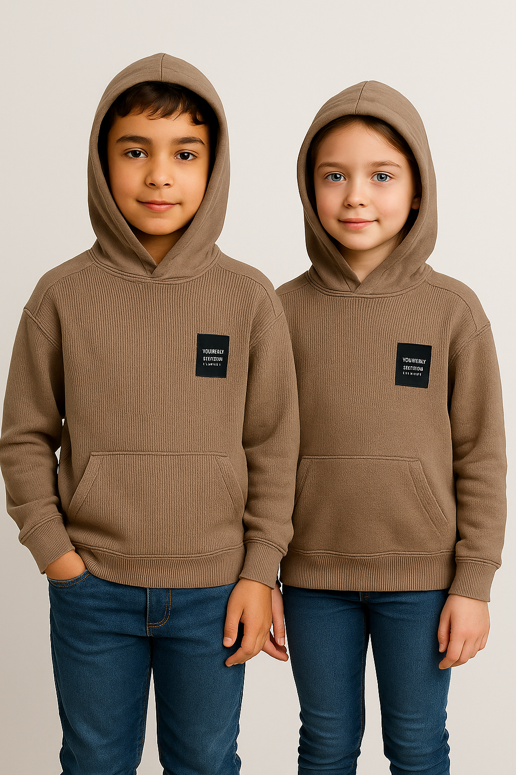 ZARRAA Branded Kids Ribbed Fleece Winter Hoodie – Mocha Brown KH-03