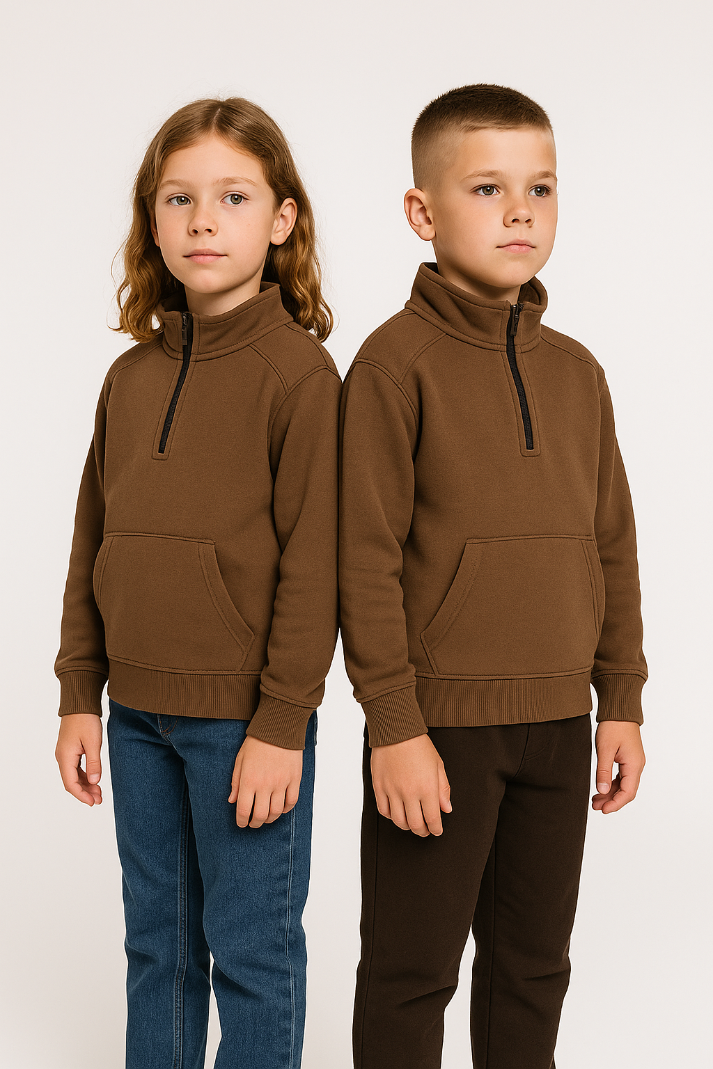 ZARRAA Premium Classic Brown Half-Zip Fleece – Unisex Kids Winter Sweatshirt KSWT-03
