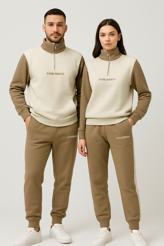 Primk Branded Winter Unisex Premium Fleece Tracksuit Co-ord set – LBeige & Mocha UCS-03