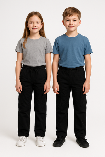 Kids Premium Black Cargo Trousers – Unisex | Soft Cotton Comfort