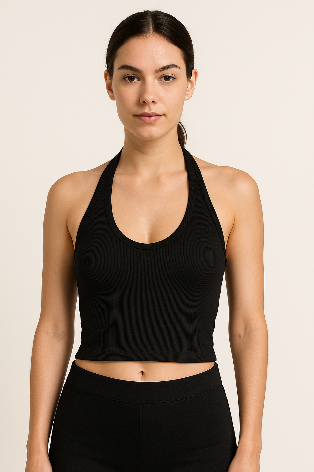 BOOH Branded Women’s Ribbed Halter Crop Top – Black WTT-03