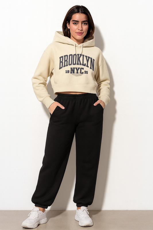 Teranovy Branded Women’s Cropped Fleece Hoodie – Beige WHD-06