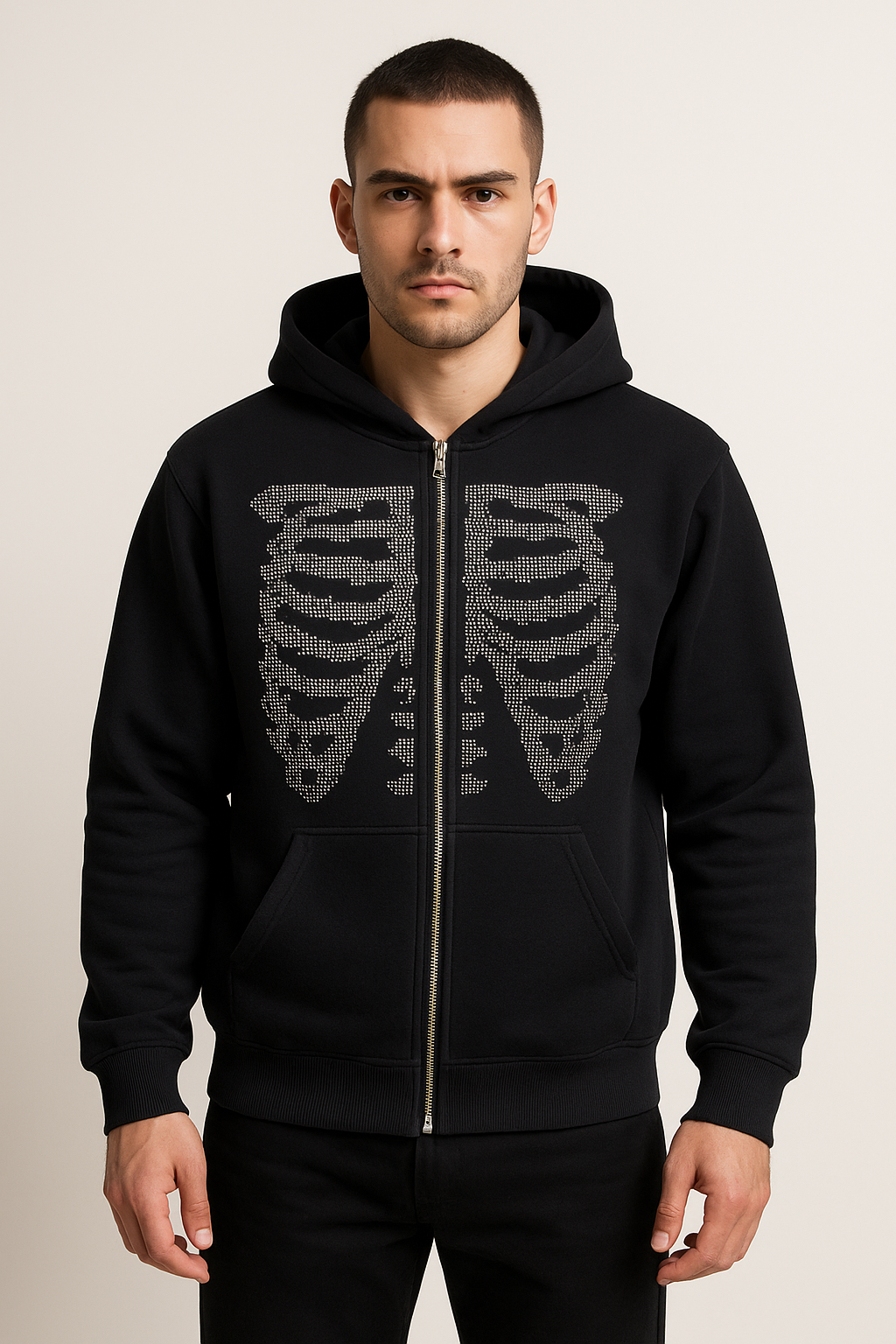 Premium Rhinestone Skeleton Zip-Up Hoodie – Black MZH-11