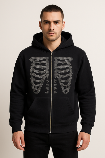 Premium Rhinestone Skeleton Zip-Up Hoodie – Black MZH-11
