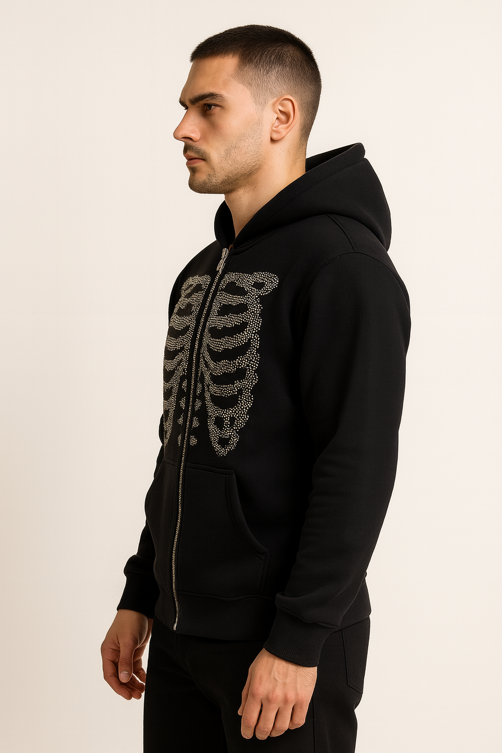 Premium Rhinestone Skeleton Zip-Up Hoodie – Black MZH-11