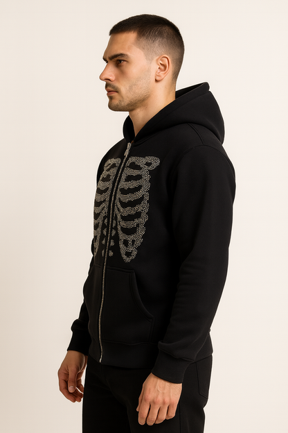 Premium Rhinestone Skeleton Zip-Up Hoodie – Black MZH-11