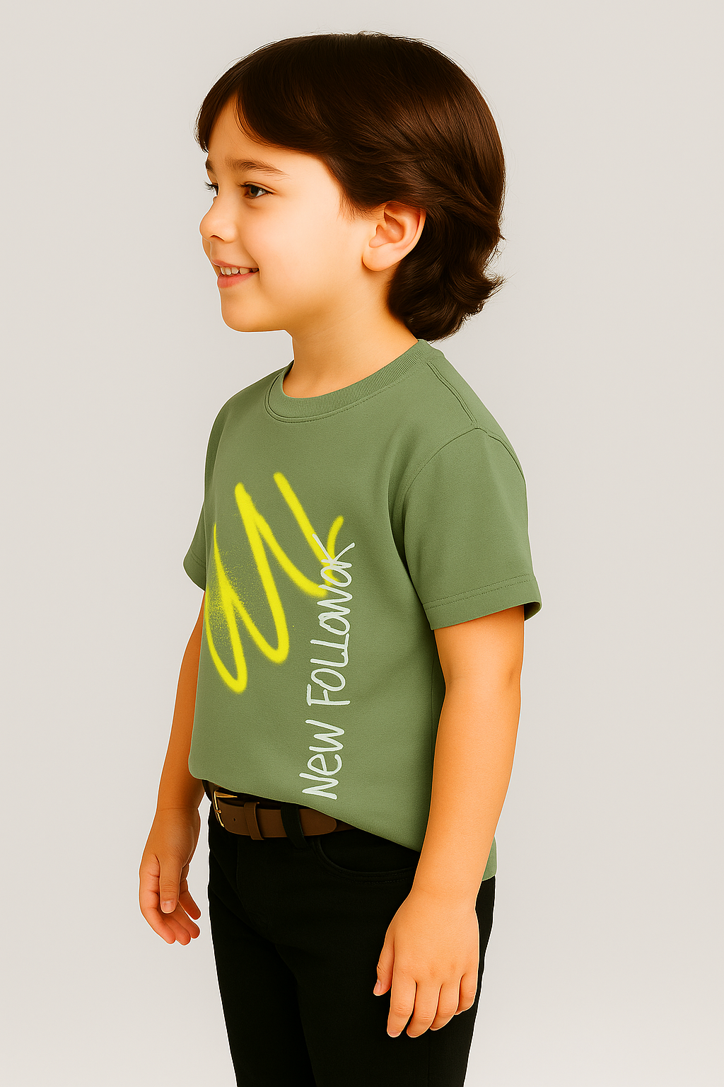 Zarraa Brander Boy's Olive Green “New Follower” Printed T-Shirt BTS-20