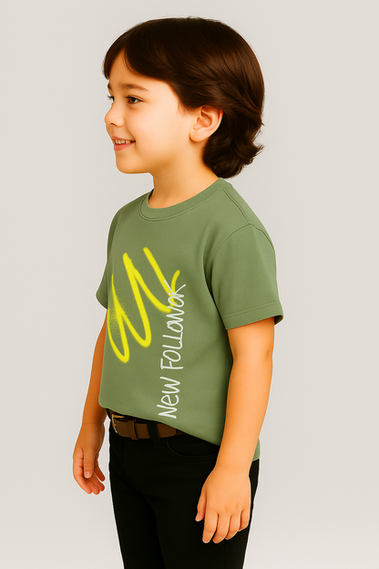 Zarraa Brander Boy's Olive Green “New Follower” Printed T-Shirt BTS-20