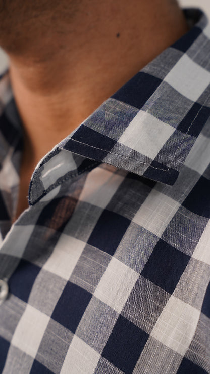 Moos Branded Mens Casual Shirt-Navy & White Large Gingham Check MCS-36