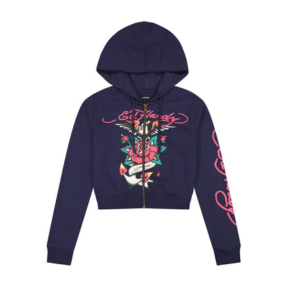 ED HRDY Branded Women's Crop Zipper Hoodie Navy Blue Color HRDH-13