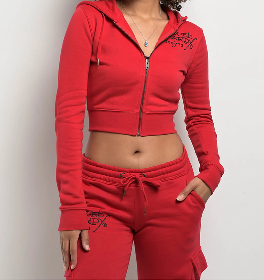 ED HRDY Branded Branded Women's Crop Zipper Hoodie Red Color HRDH-06