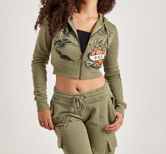 ED HRDY Branded Women's Crop Zipper Hoodie Green Color HRDH-15