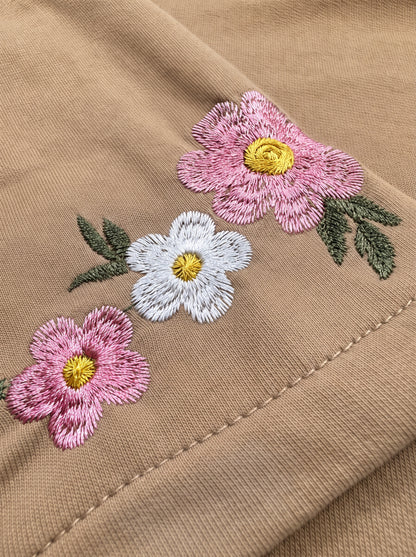 Branded Womens Beige Floral Embroidered Casual T-Shirt Sp-24