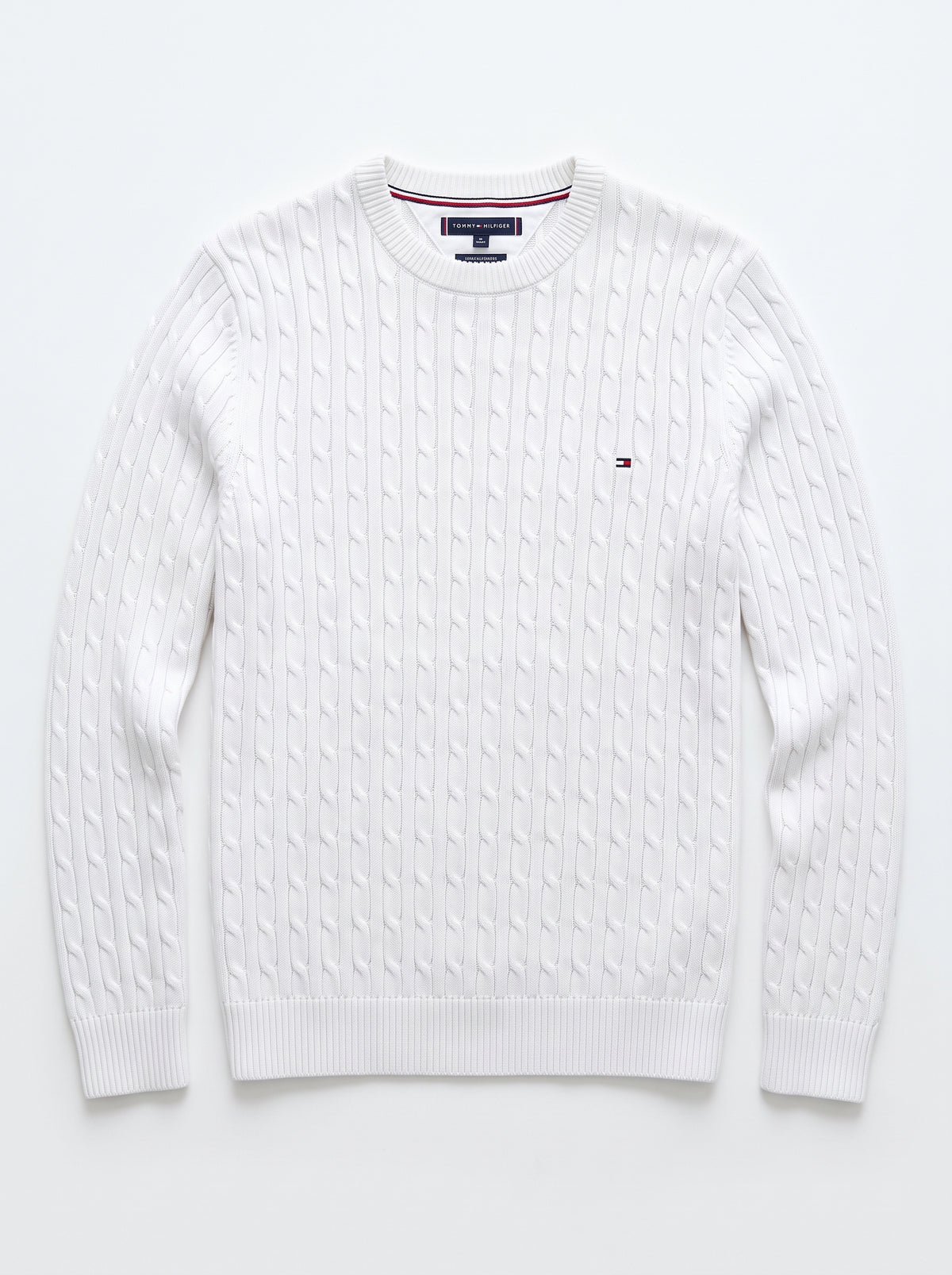 Tomie Hil Branded Mens White Cable Knit Crewneck Sweater Sp-30