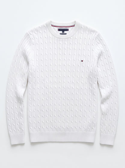 Tomie Hil Branded Mens White Cable Knit Crewneck Sweater Sp-30