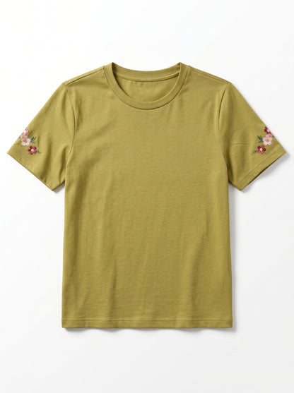 Branded Womens Olive Green Floral Embroidered Casual T-Shirt Sp-25