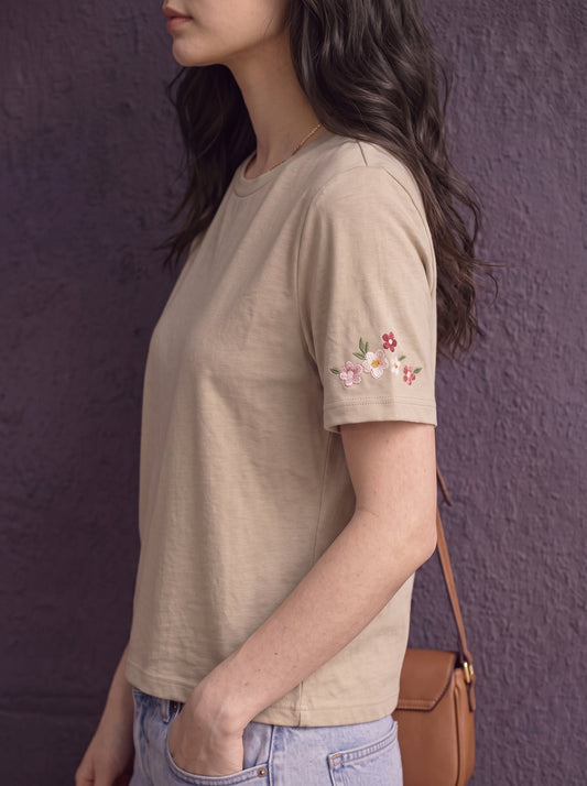 Branded Womens Beige Floral Embroidered Casual T-Shirt Sp-24