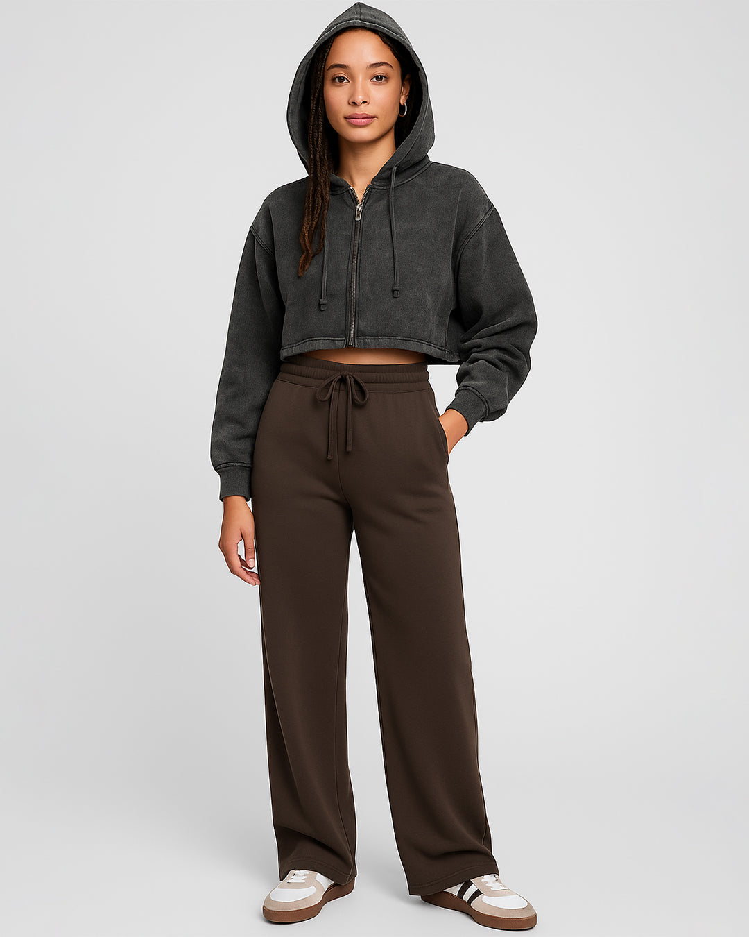 Fashion Nva Branded Women’s Washed Cropped Zip Hoodie – Charcoal Black FNWJ-02