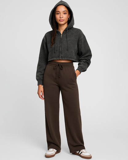 Fashion Nva Branded Women’s Washed Cropped Zip Hoodie – Charcoal Black FNWJ-02