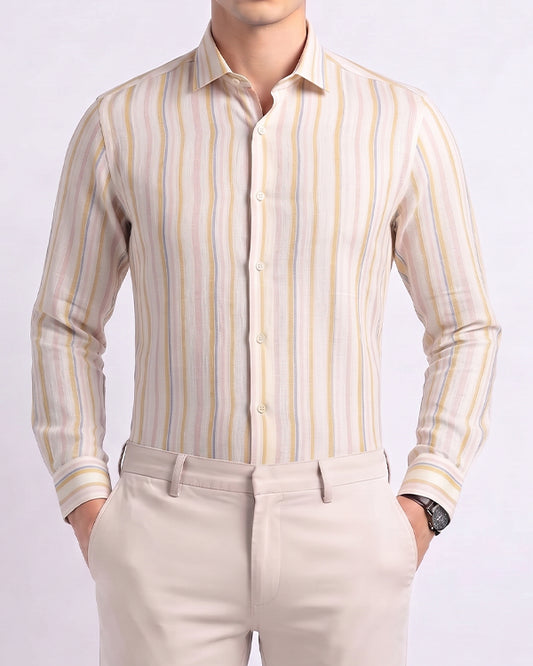 Michael Krs Branded Men’s Cream & Yellow Vertical Striped Slim Fit Casual Shirt MFS-23